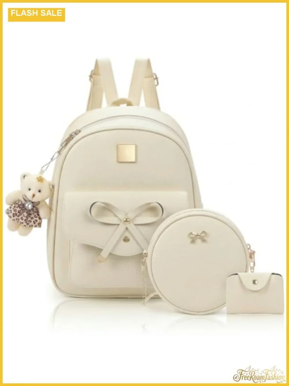 3-Piece Faux Leather Backpack Purse Set with Bowknot & Bear Pendant